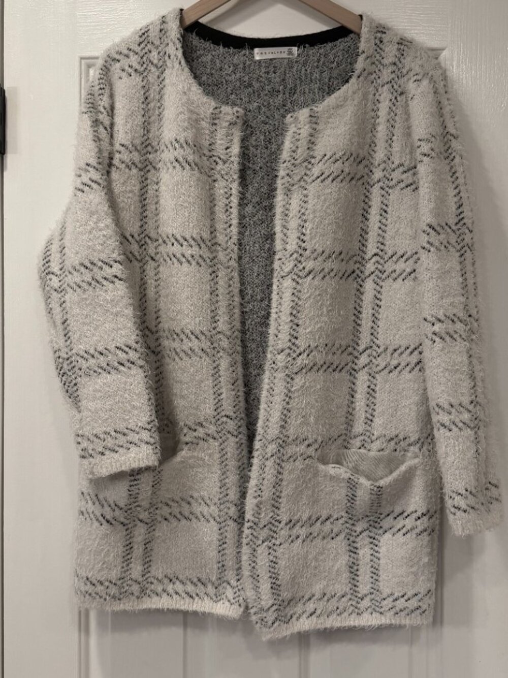 Retrology Fuzzy Plaid Open Front Cardigan Sweater Size M Cozy Soft